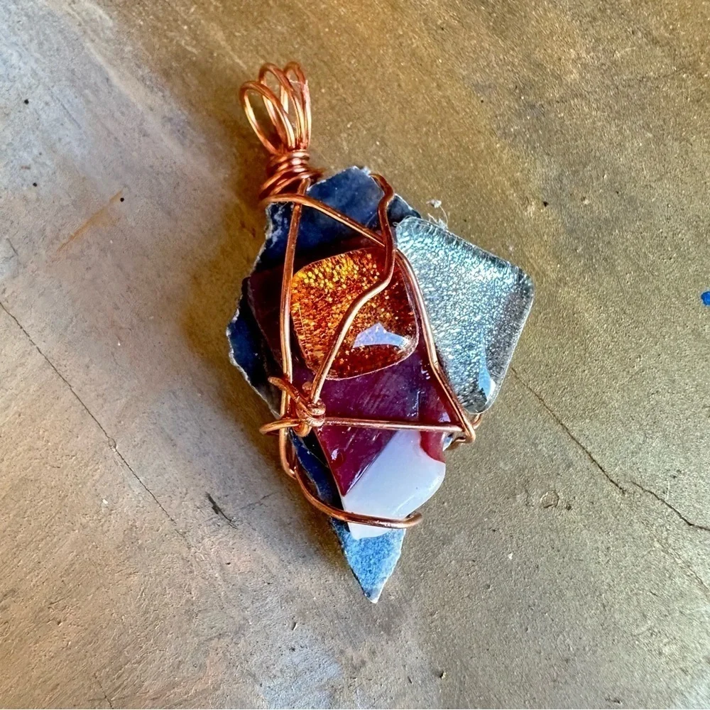 Artisan pendant necklace OOAK Handcrafted Wire-Wrapped Glass and Natural Stone